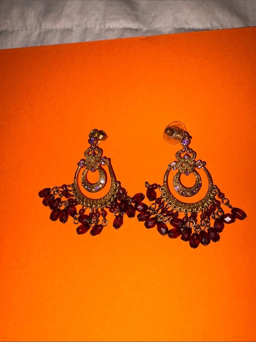 Gold-Tone Red Chandelier Earrings Like New